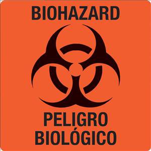 Picture of Pre-Printed Label UAL™ Warning Label Fluorescent Red Paper Biohazard / Symbol Black Enligsh / Spanish 3 X 3 InchULBH050B