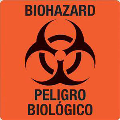 Picture of Pre-Printed Label UAL™ Warning Label Fluorescent Red Paper Biohazard / Symbol Black Enligsh / Spanish 3 X 3 InchULBH050B