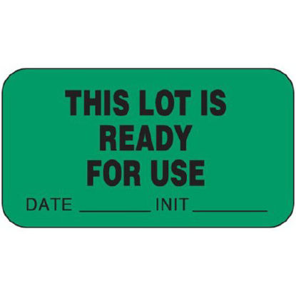 Picture of Pre-Printed Label PDC® Advisory Label Green Paper THIS LOT IS READY FOR USE/DATE__INIT__ Black Alert Label 7/8 X 1-5/8 Inch59704160