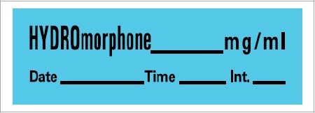 Picture of Drug Label Barkley® Anesthesia Label HYFROmorphone_mg/mL Date_Time_Int_ Blue 1/2 X 1-1/2 InchAN-16