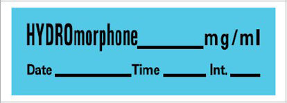 Picture of Drug Label Barkley® Anesthesia Label HYFROmorphone_mg/mL Date_Time_Int_ Blue 1/2 X 1-1/2 InchAN-16