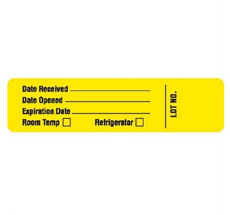 Picture of Pre-Printed / Write On Label Communication Fill In Yellow Paper Date Rec'd __________ / Date Opened __________ / Expiration Date _________ / Room Temp, Refrigerator, LOT NO. Black Quality Control Label 0.87 X 3-1/2 Inch8034