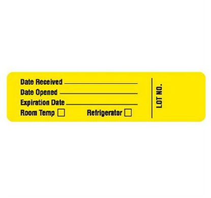 Picture of Pre-Printed / Write On Label Communication Fill In Yellow Paper Date Rec'd __________ / Date Opened __________ / Expiration Date _________ / Room Temp, Refrigerator, LOT NO. Black Quality Control Label 0.87 X 3-1/2 Inch8034