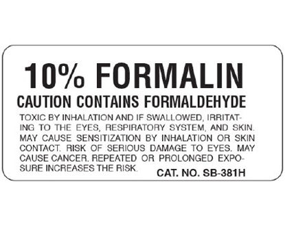 Picture of Pre-Printed Label Shamrock Laboratory Use White Litho Paper "10% FORMALIN / CAUTION CONTAINS FORMALDEHYDE / TOXIC BY INHALATION AND IF SWALLOWED, IRRITAT- ?" Black Caution 1 X 2 InchSB-381H