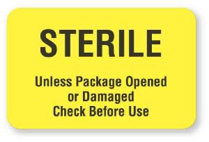 Picture of Pre-Printed Label Advisory Label Yellow Paper Sterile Unless Package Opened Or Damaged Check Before Use Black Safety and Instructional 1-1/8 X 1-3/4 InchULCS652