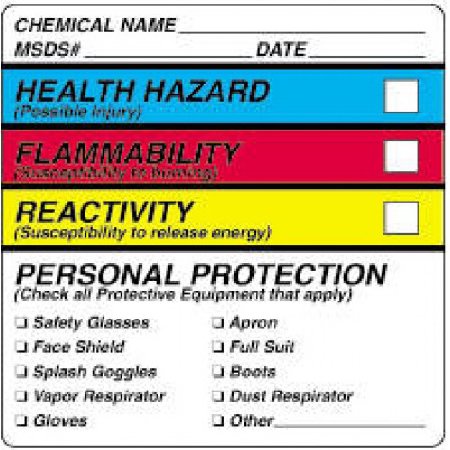 Picture of Pre-Printed Label PDC® Warning Label White Paper Health Hazard Flammability Reactivity Personal Protection Color Block Caution 2-1/4 X 2-1/4 Inch59701785