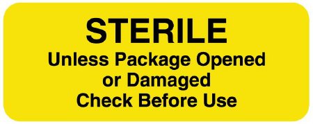 Picture of Pre-Printed Label Advisory Label Yellow Tyvek STERILE Unless Package Opened or Damaged Check Before Use Black Safety and Instructional 7/8 X 2-1/4 InchULCS901