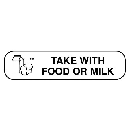 Picture of Pre-Printed Label Apothecary Products® Auxiliary Label White Paper TAKE WITH FOOD OR MILK Black Safety and Instructional 3/8 X 1-9/16 Inch40010