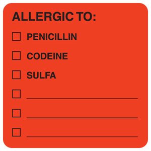 Picture of Pre-Printed Label Allergy Alert Red Allergic To: / Penicillin / Codeine / Sulfa / _________ / _________/ _________ Black Alert Label 2 X 2 InchMAP4890