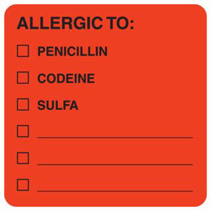 Picture of Pre-Printed Label Allergy Alert Red Allergic To: / Penicillin / Codeine / Sulfa / _________ / _________/ _________ Black Alert Label 2 X 2 InchMAP4890