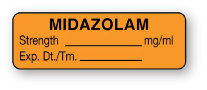 Picture of Drug Label UAL™ Anesthesia Label Midazolam Strength_mg/mL Exp Dt Tm_ Orange 1/2 X 1-1/2 InchULAL795