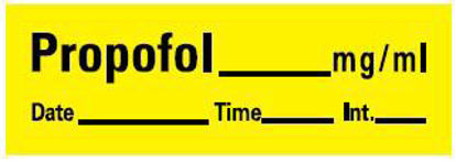 Picture of Drug Label PDC® Anesthesia Label Propofol_mg/mL Date_Time_Int_ Yellow 1/2 X 1-1/2 InchLAN-27