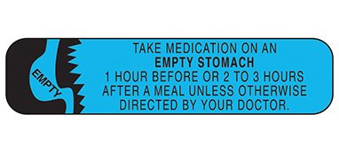 Picture of Pre-Printed Label Indeed Auxiliary Label Blue Paper Take Medication on an Empty Stomach 1 Hour Before Or 2 To 3 Hours After A Meal Unless Otherwise Directed By Your Doctor. Black Safety and Instructional 3/8 X 1-5/8 Inch2003
