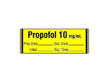 Picture of Drug Label Shamrock Anesthesia Label Propofol 10mg/mL Prep Date_Exp_Int_Exp_ Yellow 1/2 X 1 InchSA-2005-EXP