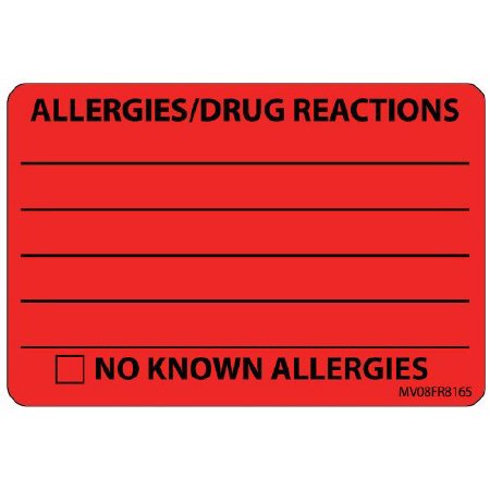Picture of Pre-Printed Label MedVision® Allergy Alert Red Paper ALLERGIES/DRUG REACTIONS______/NO KNOWN ALLERGIES Black Alert Label 2 X 2-15/16 InchMV08FR8165