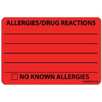 Picture of Pre-Printed Label MedVision® Allergy Alert Red Paper ALLERGIES/DRUG REACTIONS______/NO KNOWN ALLERGIES Black Alert Label 2 X 2-15/16 InchMV08FR8165