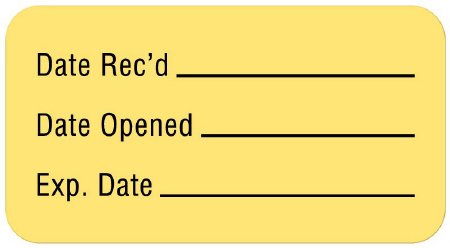 Picture of Pre-Printed / Write On Label Communication Fill In Yellow Litho Paper Date Rec'D __________ / Date Opened __________ / Exp. Date __________ Quality Control Label 7/8 X 1-5/8 InchULLR238