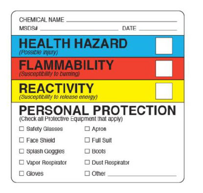 Picture of Pre-Printed Label Shamrock Warning Label White Litho Paper Health Hazard Flammability Reactivity Personal Protection Black / Color Block Biohazard 2-1/4 X 2-1/4 InchUPCR-37