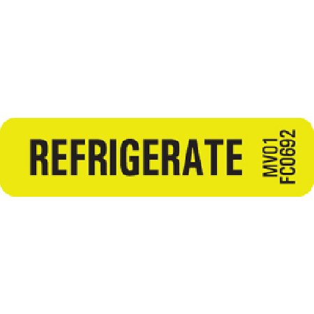 Picture of Pre-Printed Label MedVision® Auxiliary Label Chartreuse Paper REFRIGERATE Black Temperature Control 5/16 X 1-1/4 InchMV01FC0692