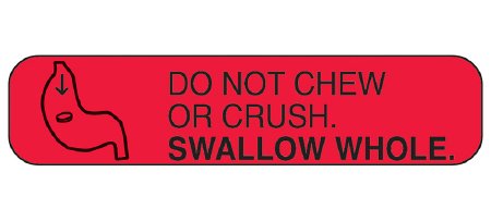 Picture of Pre-Printed Label Auxiliary Label Red Paper Do Not Chew or Crush Swallow Whole Black Safety and Instructional 3/8 X 1-5/8 Inch2052