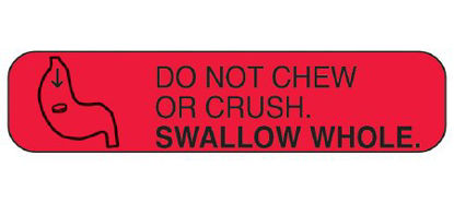 Picture of Pre-Printed Label Auxiliary Label Red Paper Do Not Chew or Crush Swallow Whole Black Safety and Instructional 3/8 X 1-5/8 Inch2052