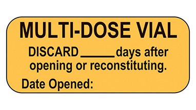 Picture of Pre-Printed Label Indeed Safety Data Orange Paper Multi-Dose Vial Discard ____ Days After Opening or Reconstituting. Date Opened:___ Black Quality Control Label 5/8 X 1-1/2 Inch18326