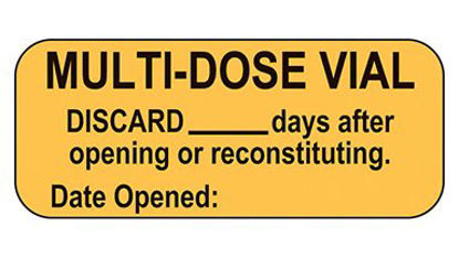 Picture of Pre-Printed Label Indeed Safety Data Orange Paper Multi-Dose Vial Discard ____ Days After Opening or Reconstituting. Date Opened:___ Black Quality Control Label 5/8 X 1-1/2 Inch18326