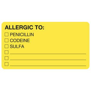 Picture of Pre-Printed Label Allergy Alert Chartreuse ALLERGIC TO: PENICILLIN/CODEINE/SULFA Alert Label 1-3/4 X 3-1/4 InchMAP1550