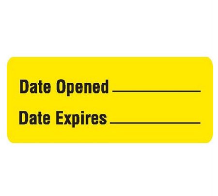 Picture of Pre-Printed / Write On Label Communication Fill In Yellow Paper Date Opened _______ / Date Expires______ Black Quality Control Label 31/50 X 1-1/2 Inch7839