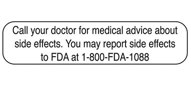 Picture of Pre-Printed Label Indeed Advisory Label White Paper Call Your Doctor for Medical Advice About Side Effects. You May Report Side Effects to FDA at 1-800-FDA-1088 Black Alert Label 3/8 X 1-5/8 Inch2101