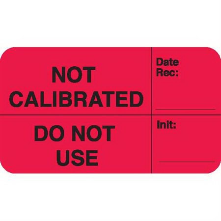 Picture of Pre-Printed Label Advisory Label Red Paper NOT CALIBRATED, Date Rec: ____ / DO NOT USE, Init: ____ Black Safety and Instructional 1 X 3-3/4 Inch9112