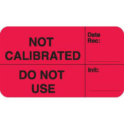 Picture of Pre-Printed Label Advisory Label Red Paper NOT CALIBRATED, Date Rec: ____ / DO NOT USE, Init: ____ Black Safety and Instructional 1 X 3-3/4 Inch9112