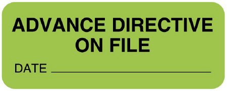 Picture of Pre-Printed Label UAL™ Instructional Label Fluorescent Green Paper ADVANCE DIRECTIVE ON FILE / DATE _________ Safety and Instructional 7/8 X 2-1/4 InchULMR298