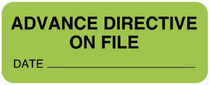 Picture of Pre-Printed Label UAL™ Instructional Label Fluorescent Green Paper ADVANCE DIRECTIVE ON FILE / DATE _________ Safety and Instructional 7/8 X 2-1/4 InchULMR298