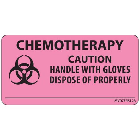 Picture of Pre-Printed Label MedVision® Warning Label Pink Paper Chemotherapy Caution Handle With Gloves Dispose Of Properly Black Biohazard 1-1/2 X 2-15/16 InchMV07FP8126