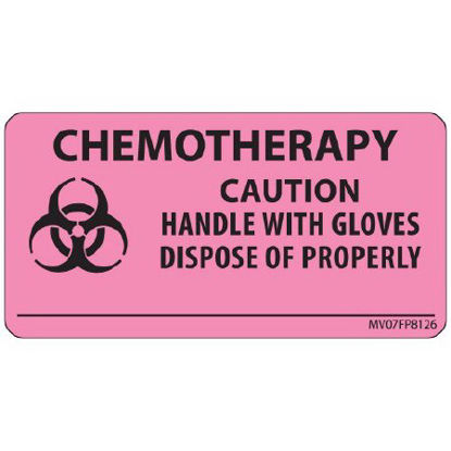Picture of Pre-Printed Label MedVision® Warning Label Pink Paper Chemotherapy Caution Handle With Gloves Dispose Of Properly Black Biohazard 1-1/2 X 2-15/16 InchMV07FP8126