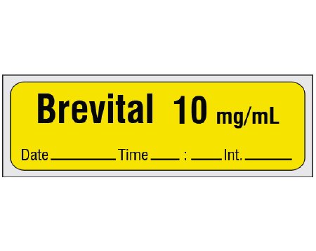 Picture of Drug Label Shamrock Anesthesia Label BREVITAL 10 mg / mL / Date _____ Time _____ Int. _____ Yellow 1/2 X 1 InchSA-208-DTI-PRE