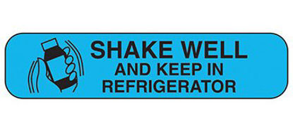 Picture of Pre-Printed Label Indeed Auxiliary Label Blue Paper Shake Well and Keep in Refrigerator Black Safety and Instructional 3/8 X 1-5/8 Inch2038