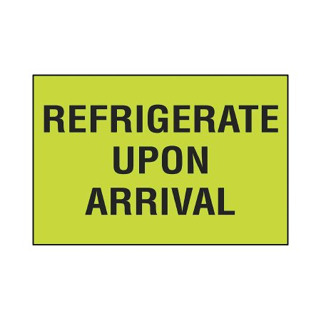 Picture of Pre-Printed Label Uline Auxiliary Label Lime Green Refrigerate Upon Arrival Black Temperature Control 2 X 3 InchS-8242