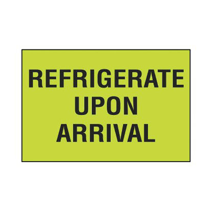 Picture of Pre-Printed Label Uline Auxiliary Label Lime Green Refrigerate Upon Arrival Black Temperature Control 2 X 3 InchS-8242
