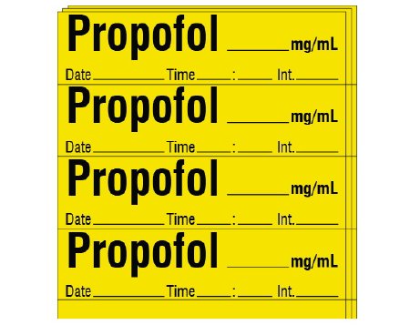 Picture of Drug Label Shamrock Anesthesia Label Propofol_mg/mL Date_Time_Int_ Yellow 1/2 X 1 InchSA-205-DTI-PK