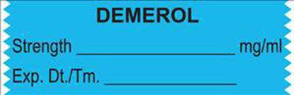 Picture of Drug Label UAL™ Anesthesia Label Tape Demerol Strength_% Exp Dt Tm_ Blue 1/2 X 1-1/2 InchULTJ074