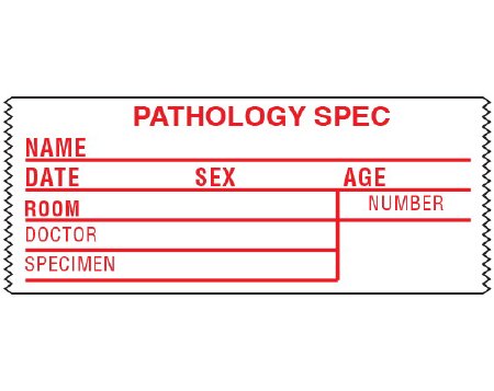 Picture of Pre-Printed Label Shamrock Laboratory Use White Tape PATHOLOGY SPEC / NAME _____ / DATE _____ SEX _____ AGE _____  Red Lab / Specimen 1-1/2 X 3-1/2 InchSL-4