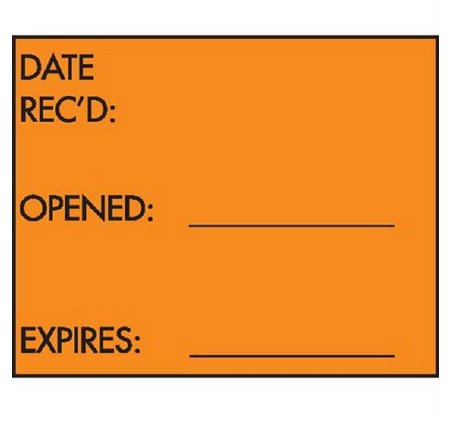 Picture of Pre-Printed / Write On Label Communication Fill In Orange / White Paper DATE REC'D: / OPENED: _________ / EXPIRES: _________ Black Quality Control Label 3 Inch6707-OR