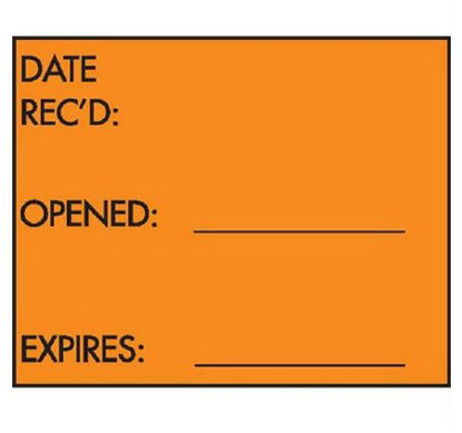 Picture of Pre-Printed / Write On Label Communication Fill In Orange / White Paper DATE REC'D: / OPENED: _________ / EXPIRES: _________ Black Quality Control Label 3 Inch6707-OR