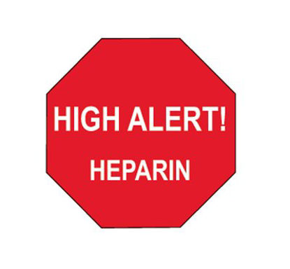 Picture of Pre-Printed Label Warning Label Red Paper High Alert Heparin White Caution 3/4 Octagon17519