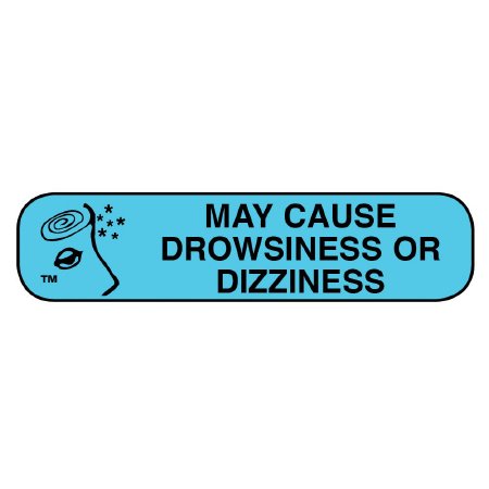 Picture of Pre-Printed Label Apothecary Products® Auxiliary Label Blue Paper MAY CAUSE DROWSINESS OR DIZZINESS Black Safety and Instructional 3/8 X 1-9/16 Inch40215