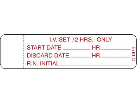 Picture of Pre-Printed Label Shamrock Communication Fill In White Litho Paper I.V. SET – 72 HRS. – ONLY / START DATE_____ HR._____ / DISCARD DATE_____ HR._____ / R.N. INITIAL_____ Red IV Tube 3/4 X 3 InchIV-4