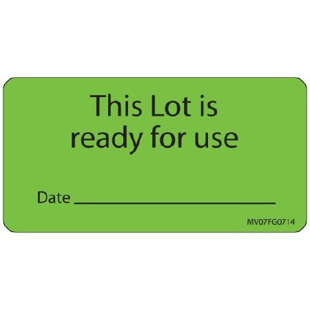 Picture of Pre-Printed Label MedVision® Instructional Label Green Paper THIS LOT IS ready for use/Date_________ Black Quality Control Label 1-1/2 X 2-15/16 InchMV07FG0714