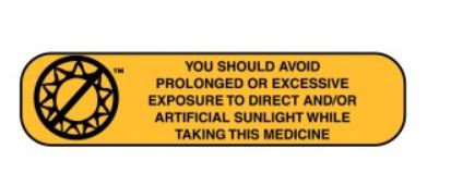 Picture of Pre-Printed Label Apothecary Products® Auxiliary Label Yellow Paper You Should Avoid Prolonged Or Excessive Exposure To Direct And/Or Artificial Sunlight While Taking This Medication Black Safety and Instructional 3/8 X 1-9/16 Inch40351